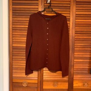 New merino button hoodie cardigan sweater, burg, med $41. Avail in other colours